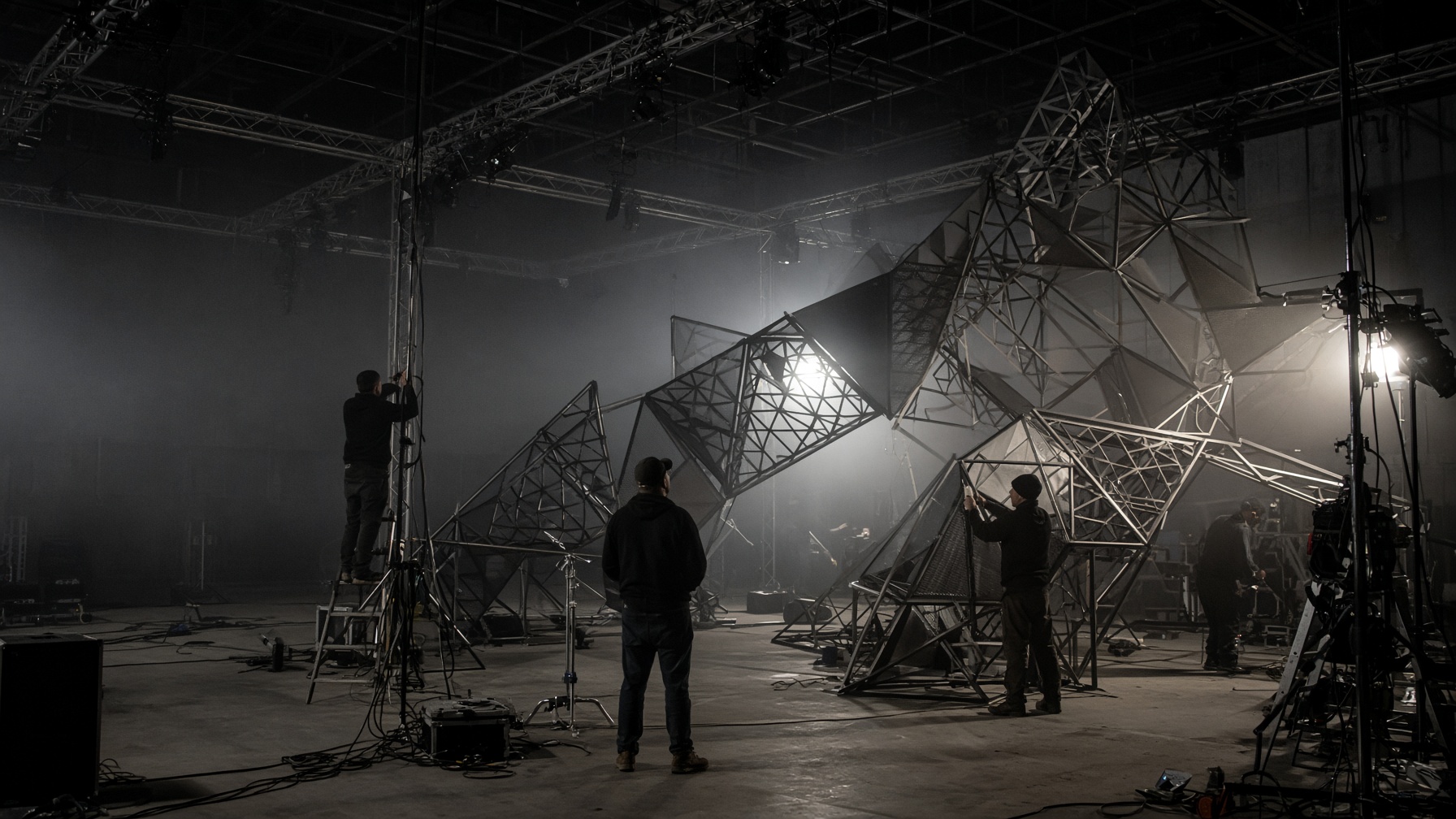 Production crew assembling a large-scale installation