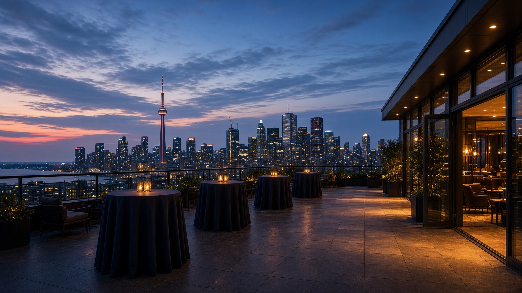 Toronto skyline at dusk from a rooftop terrace